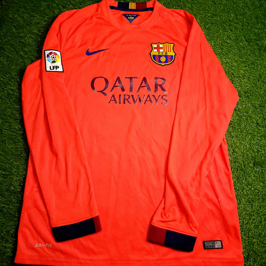 Messi Barcelona 2014 2015 TREBLE Away Long Sleeve Soccer Jersey L SKU# 618738-672