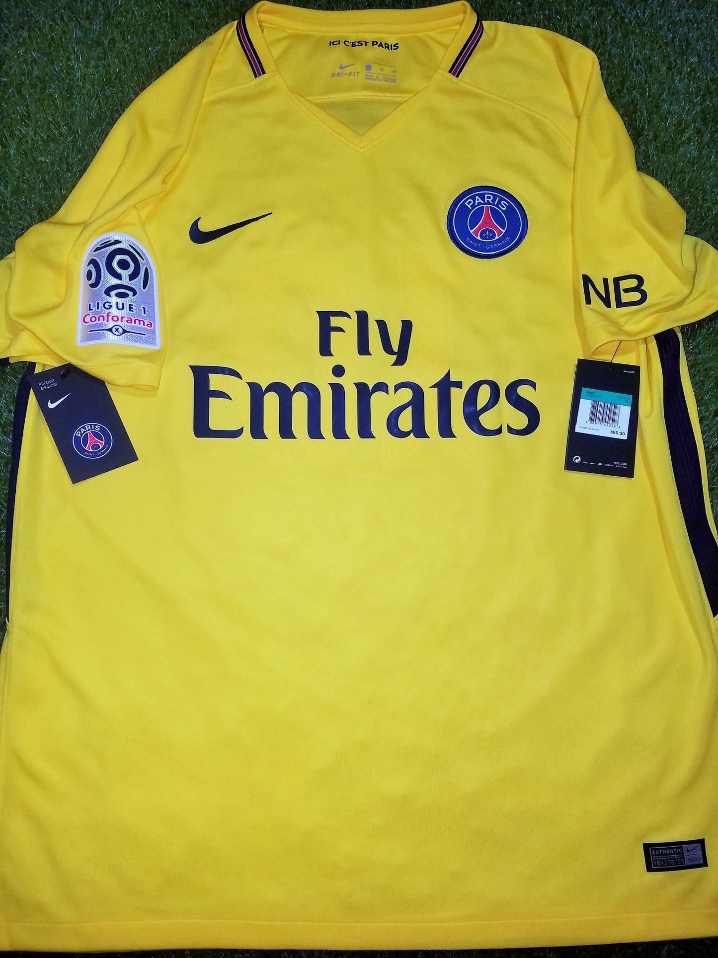 Neymar PSG Paris Saint Germain DEBUT SEASON 2017 2018 Yellow Away Jersey Shirt Maillot BNWT XL SKU# 847268-720 foreversoccerjerseys