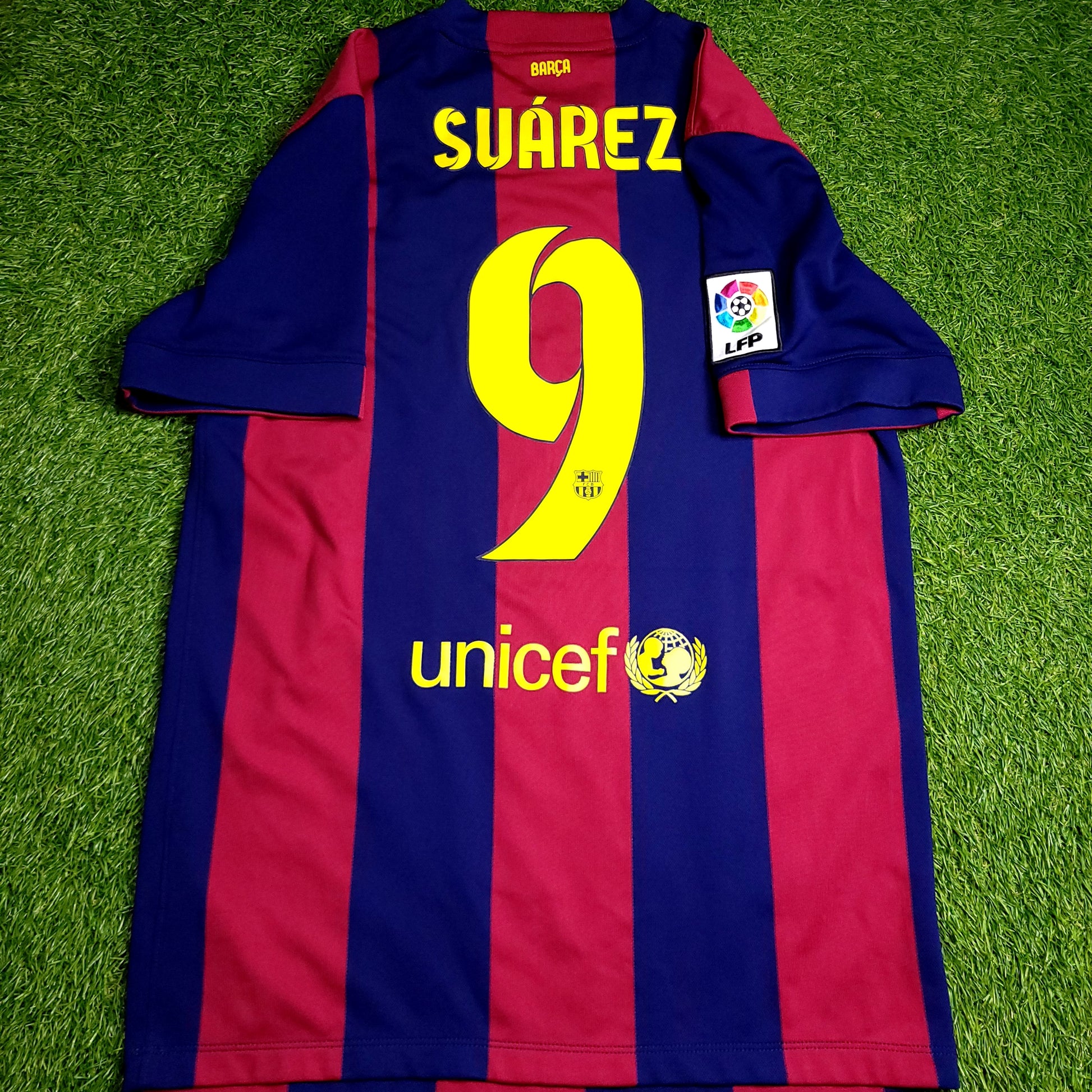 Suarez Barcelona 2014 2015 TREBLE Soccer Jersey M SKU# 610594-422 - ForeverSoccerJerseys