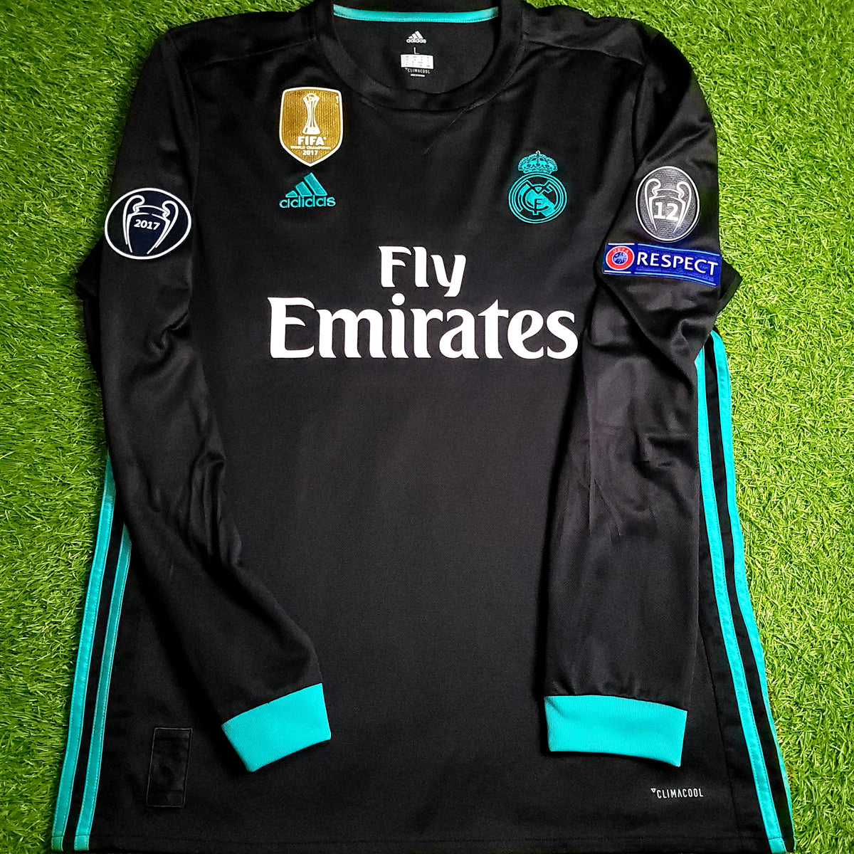 Cristiano Ronaldo Real Madrid 2017 2018 UEFA Long Sleeve Away Soccer Jersey L SKU# B31088 - ForeverSoccerJerseys