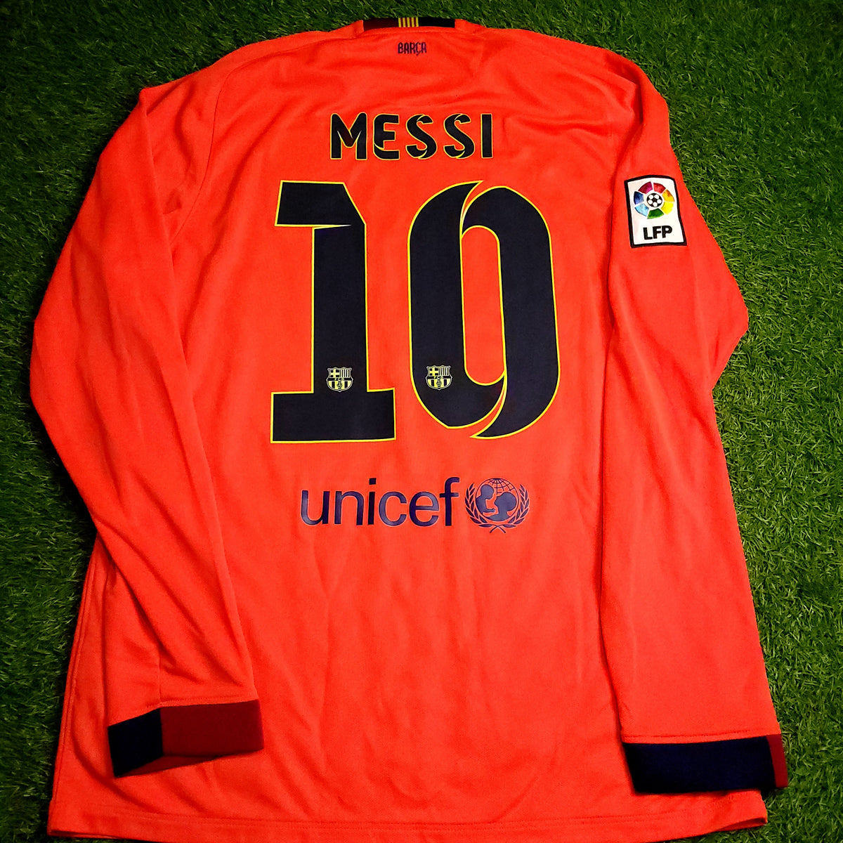 Messi Barcelona 2014 2015 TREBLE Away Long Sleeve Soccer Jersey L SKU# 618738-672