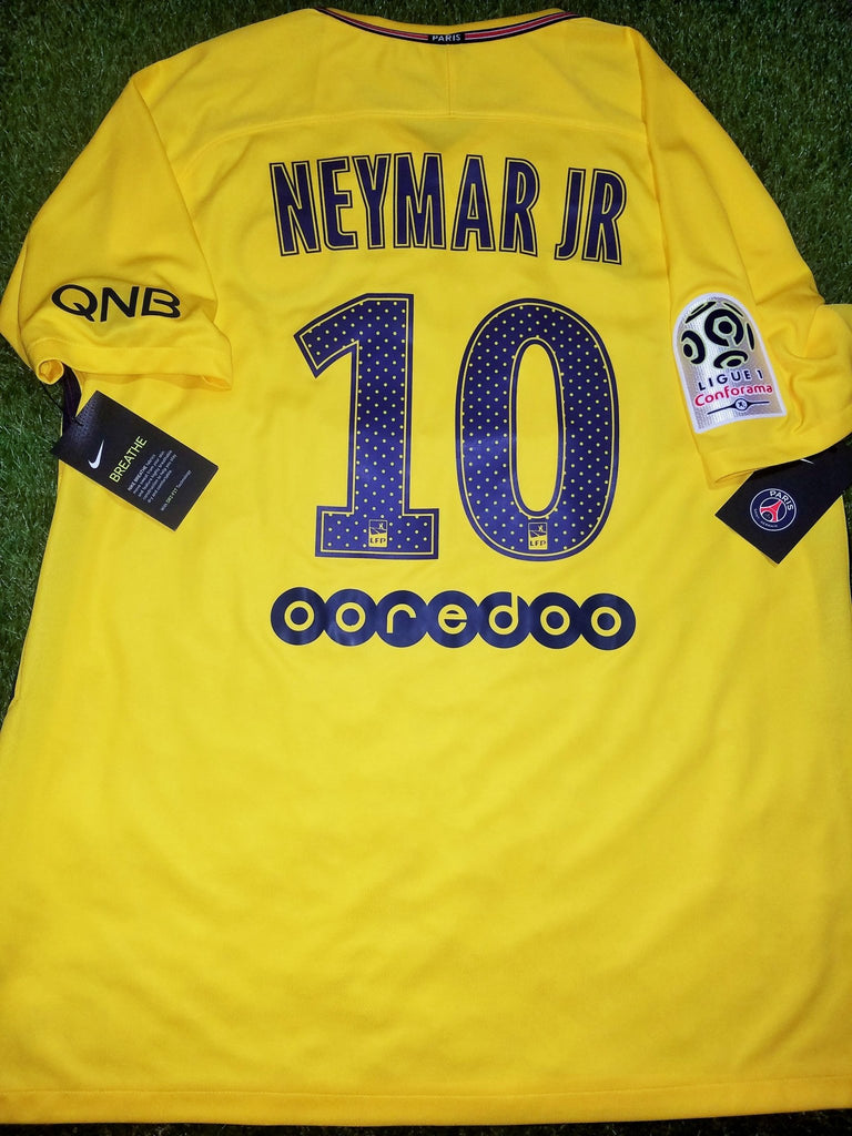 Neymar PSG Paris Saint Germain DEBUT SEASON 2017 2018 Yellow Away Jersey Shirt Maillot BNWT XL SKU# 847268-720 foreversoccerjerseys