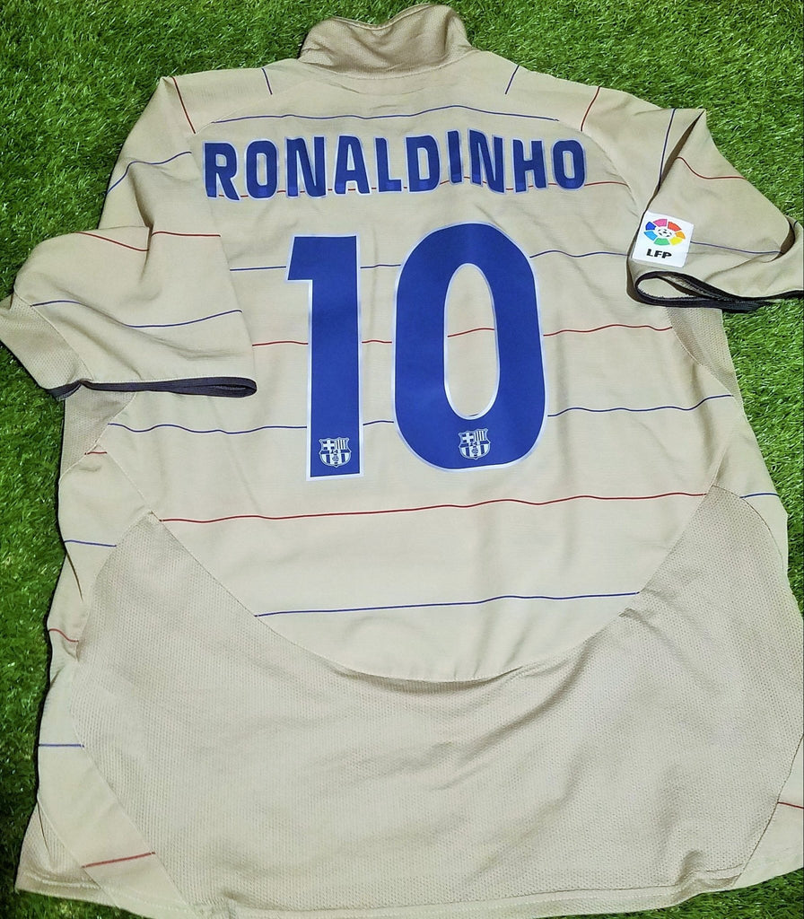 Ronaldinho Barcelona 2004 2005 Away Tan Jersey Shirt Camiseta L foreversoccerjerseys